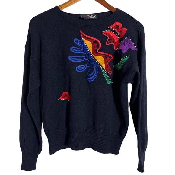Escada VTG Margaretha Ley Abstract Rhinestone Silk Sweater Navy Size 36/S - Picture 1 of 6